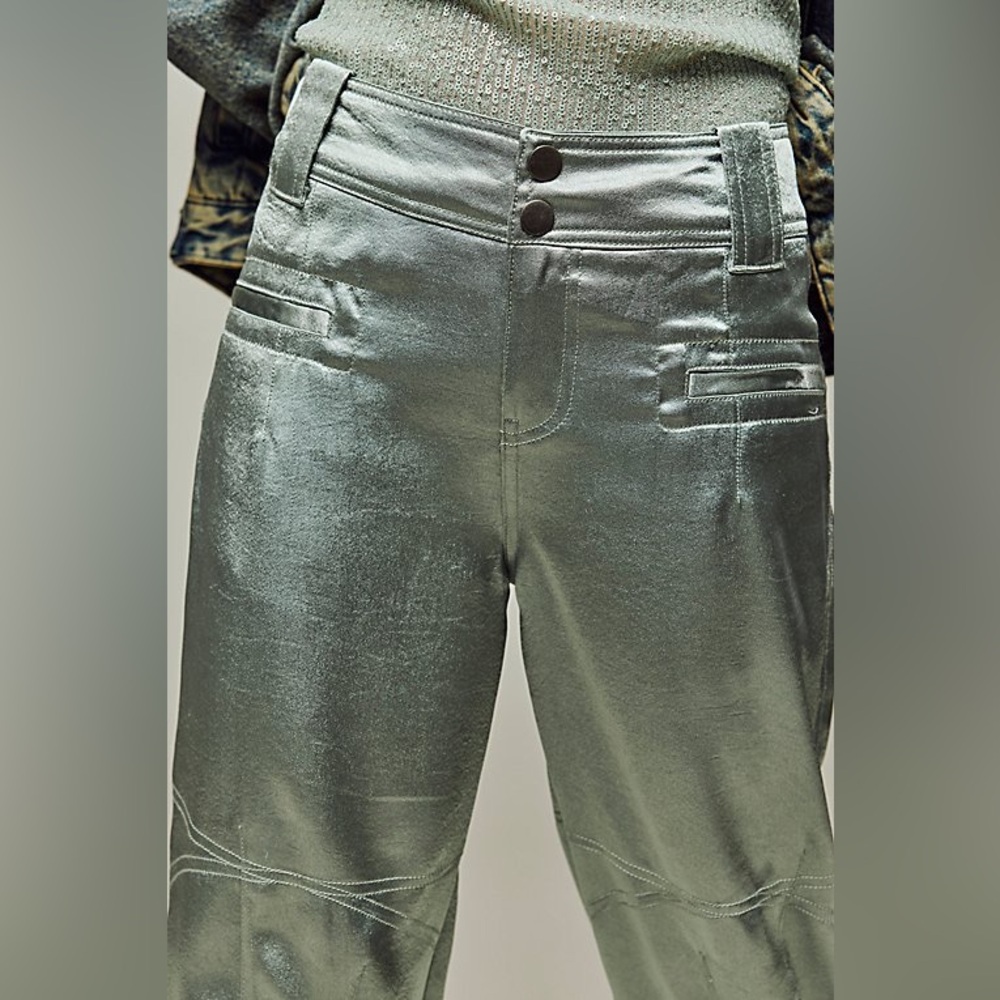 NWOT Rare Free People Discontinued Metallic Green Satin Pants - Picture 1 of 7
